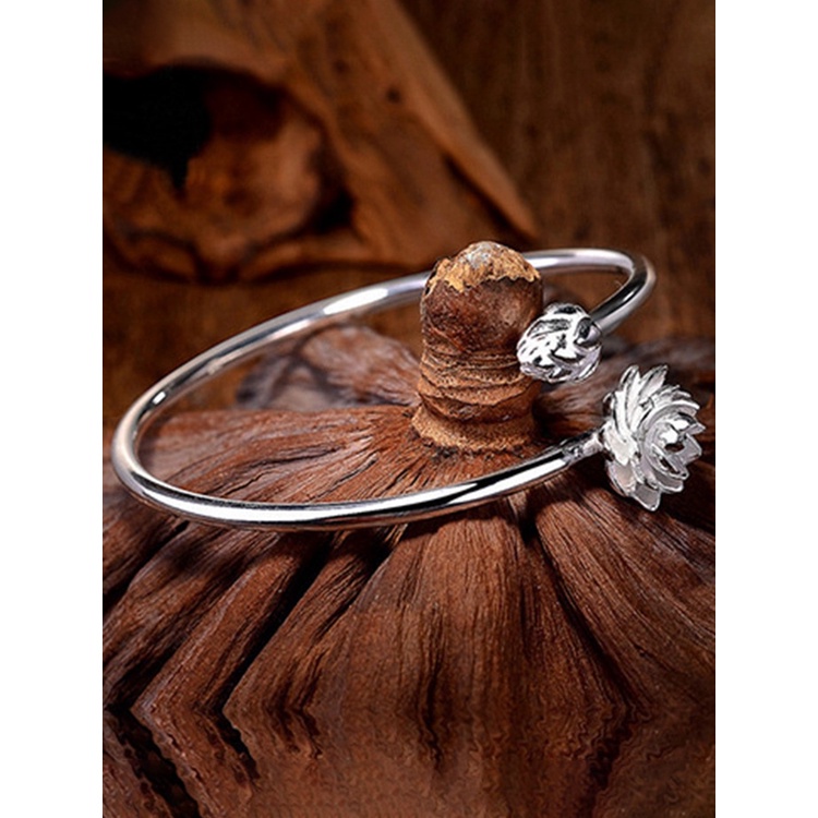 Vòng Đeo Tay Dạng Hở Hình Hoa Sen Màu Bạc Phong Cách retro Hàn Quốc