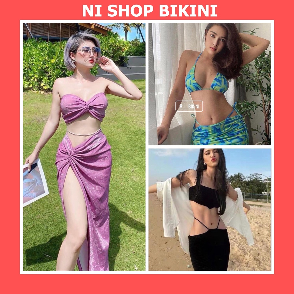 Bikini áo tắm đi biển Set 3 chi tiết màu tím váy xoắn cao cấp