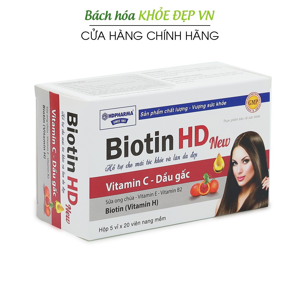 Viên uống Biotin, dầu gấc, sữa ong chúa cho mái tóc khỏe và làn da sáng - 100 viên [Biotin HD New Đỏ]