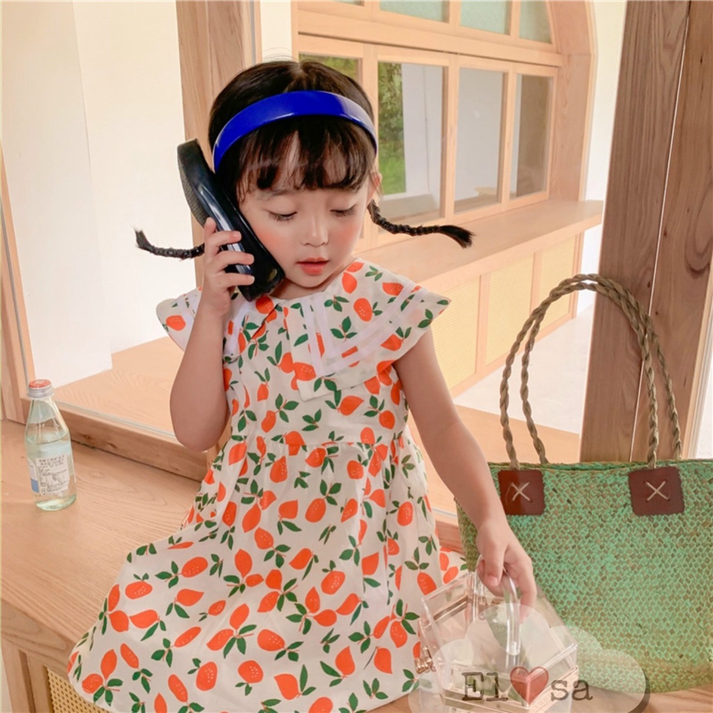 Váy bé gái - Váy họa tiết cam chanh cổ vạt siêu xinh cho bé 1-5 Tuổi