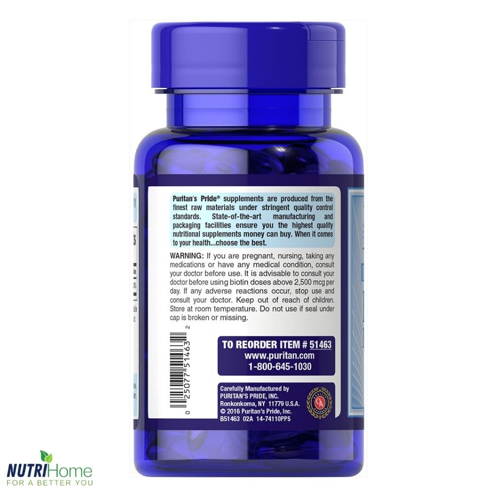 Viên uống kiềm dầu, giảm rụng tóc Biotin 10000 mcg Puritan’s Pride kiềm dầu cho da (Nutri Home) (50 viên)