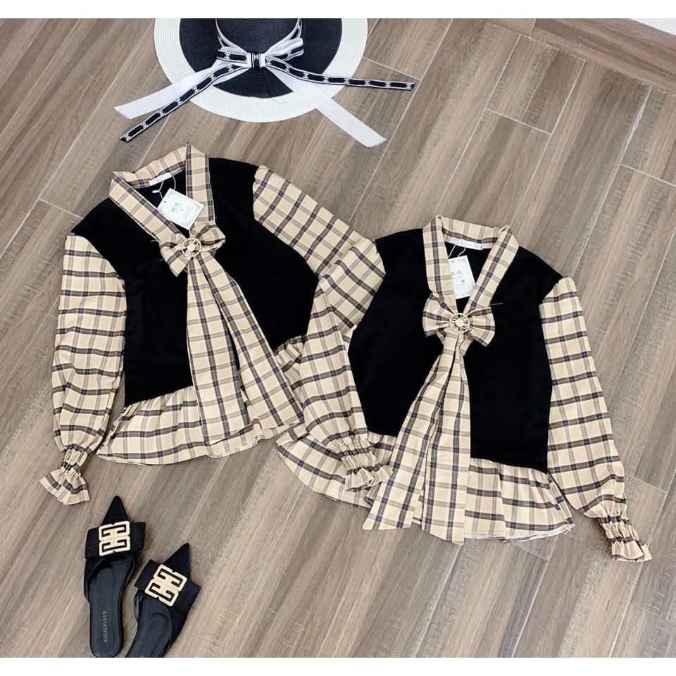 Áo sơ mi nữ phối kẻ lơ ngực. Chất umi đanh mịn mix tay bèo sơ mi thô lụa. | BigBuy360 - bigbuy360.vn