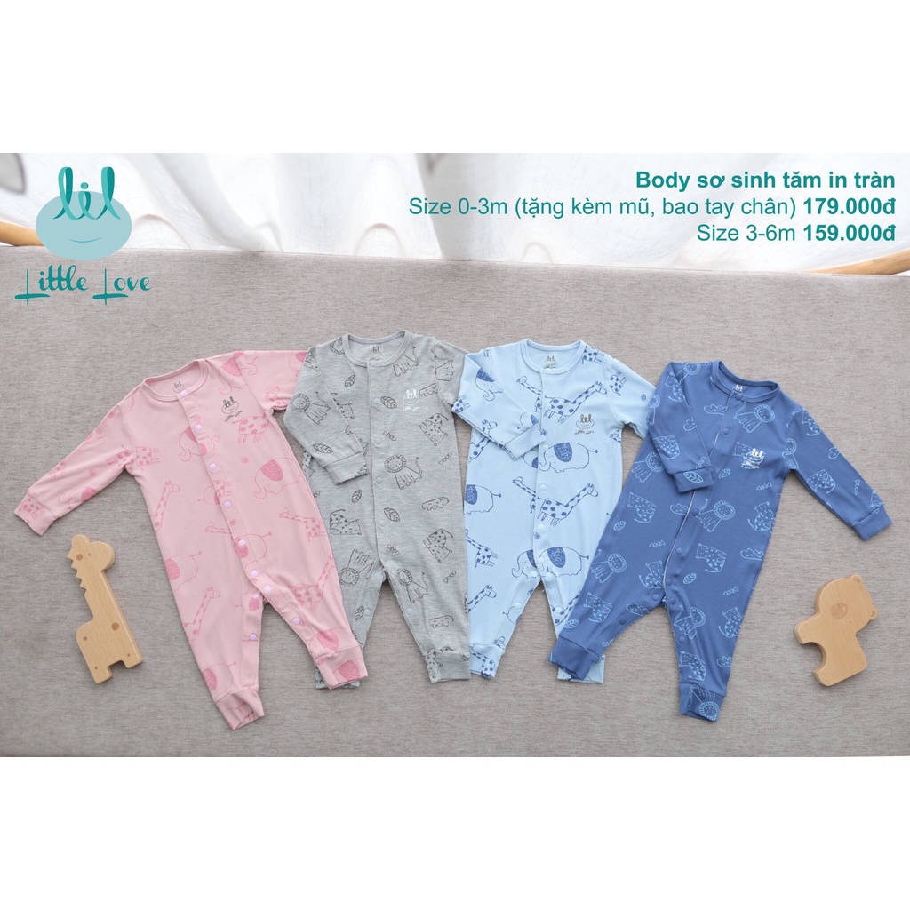 [Mã BMLT35] Bộ body dài tay liền thân chất liệu vải tăm in tràn cho trẻ từ 0-6m little love (LBD20)