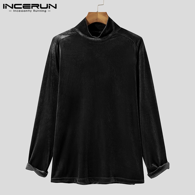 Áo thun INCERUN vải nhung dáng ôm vừa vặn cổ cao tay dài thời trang cho nam