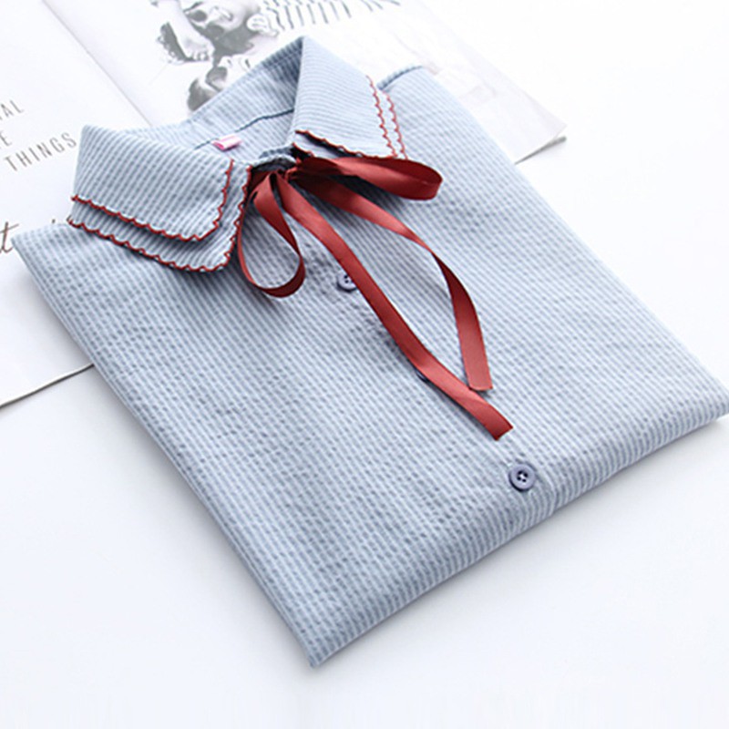 Korean Style Sweet Lace-up Bow Women's Blouse Fashion Casual Stripe Print Double-layer Blouses | WebRaoVat - webraovat.net.vn