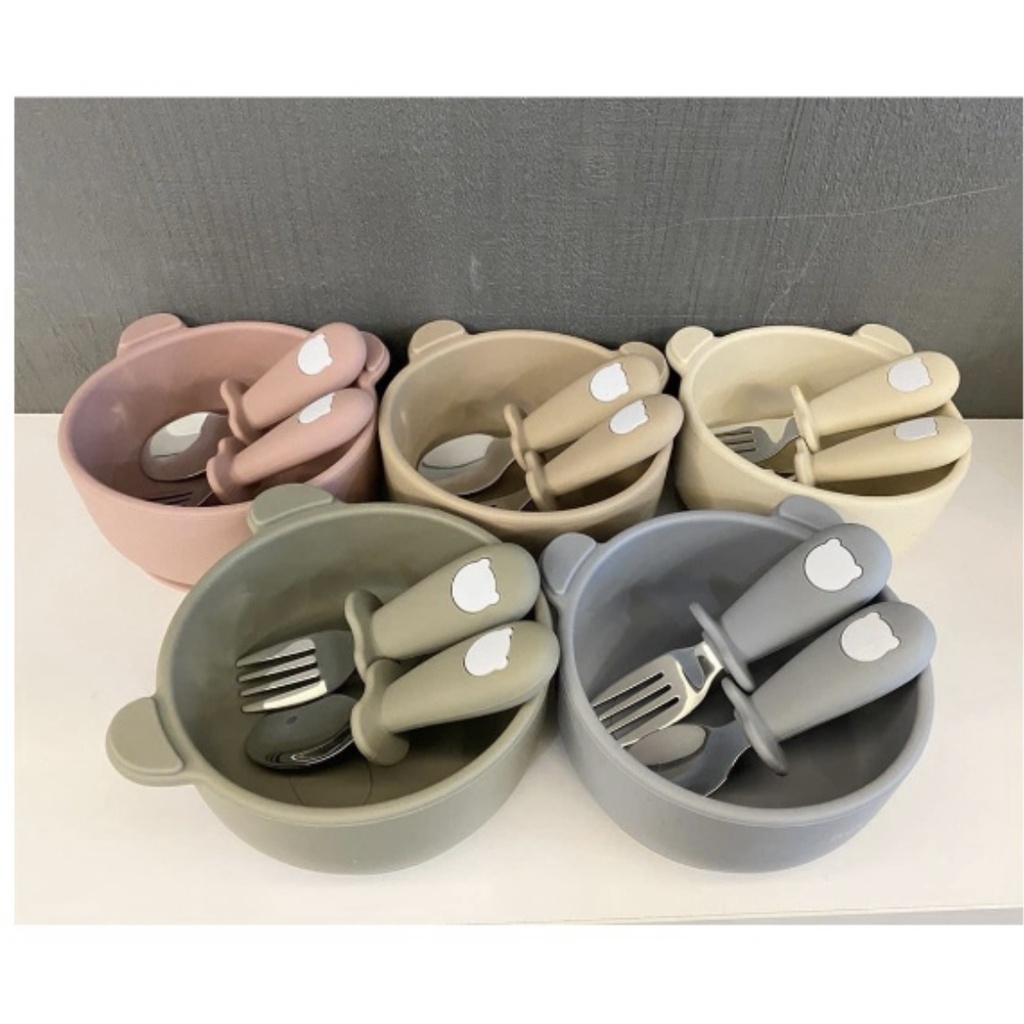 Set thìa - nĩa Silicon hình gấu Bar rot cho bé tập ăn dặm - Barrot