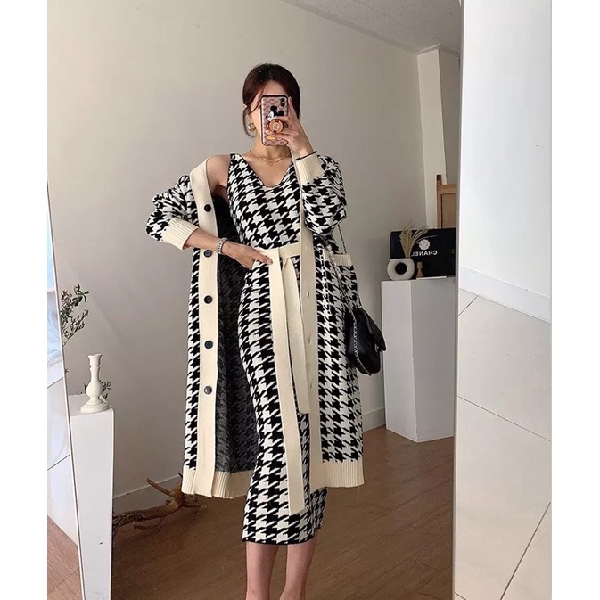 SET ÁO CARDIGAN LEN DÁNG DÀI ÁO KHOÁC LEN + VÁY BODY LEN BUỘC EO DÁNG DÀI