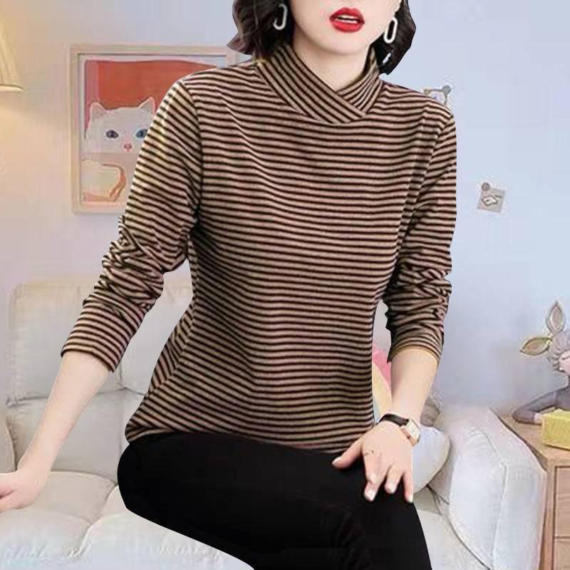 Áo thun tay dài cổ lọ họa tiết kẻ sọc thời trang cho phụ nữ trung niên