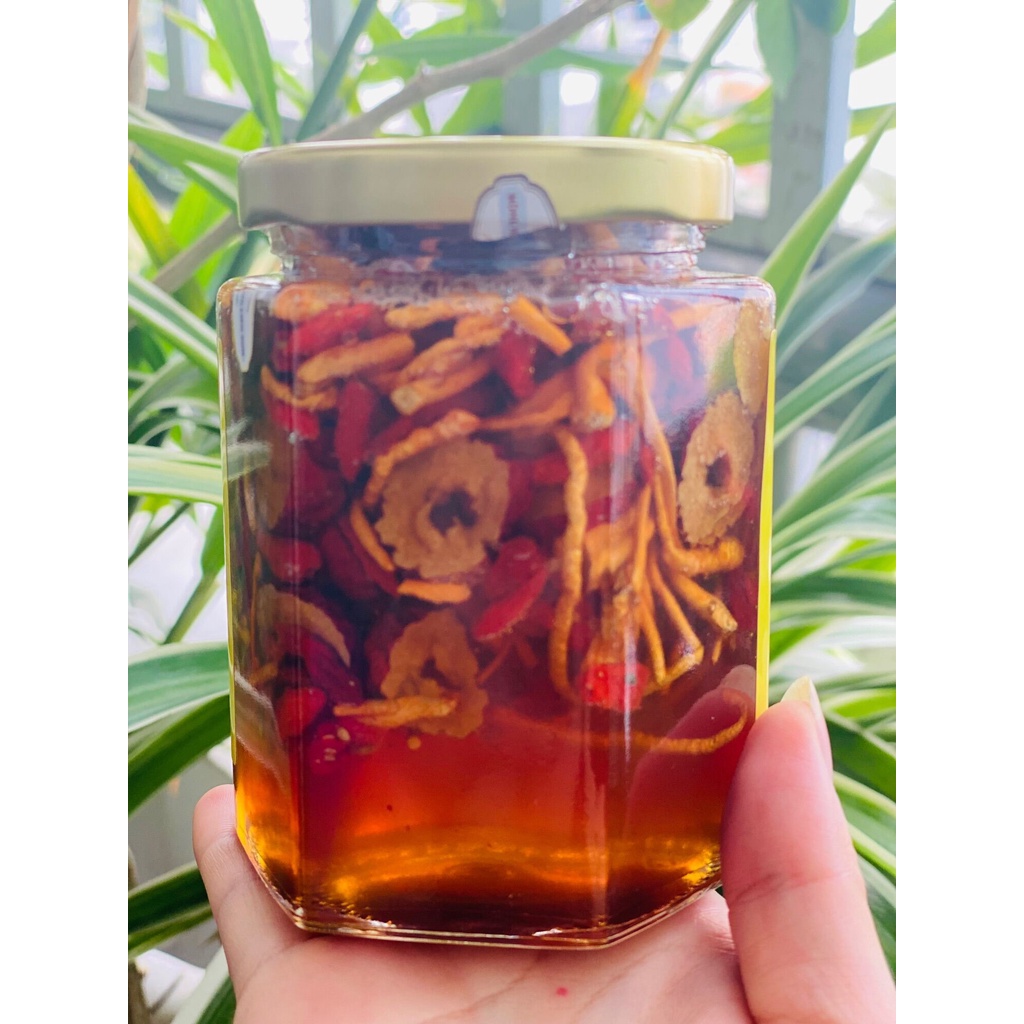 ( ảnh thật + video ) quà tặng biếu mật ong cà phê ngâm táo đỏ kì tử đông trùng hạ thảo hũ lớn 300 ml