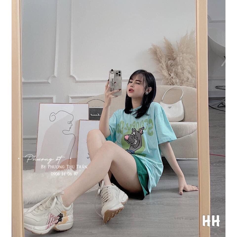 Bộ đồ quần đùi kèm áo phông nữ xanh Chú Chó Tinh Nghịch, sét đồ mặc nhà nữ quần đùi áo thun mặc nhà thể thao năng động