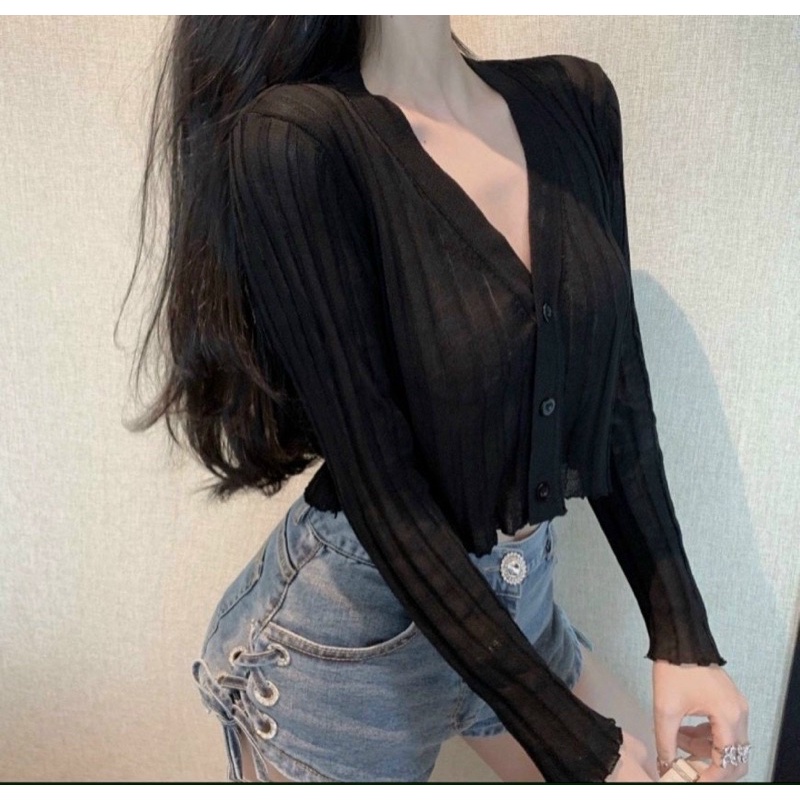 Áo khoác cardigan thun gân len, Áo Khoác Cardigan nữ tay dài mỏng sexy cực chất cá tính