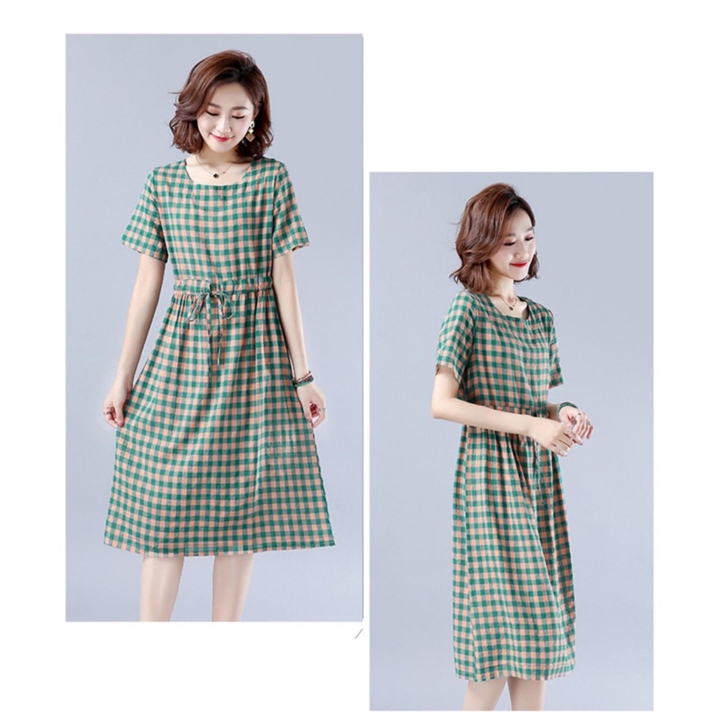 Đầm linen dáng suông kèm dây rút eo, đầm bigsize dáng dài qua gối da169