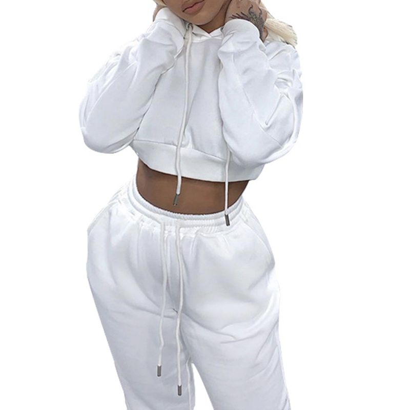 Set Đồ Thể Thao 2 Món Áo Hoodie Tay Dài Phối Quần Dài Màu Sắc Trơn Thời Trang Cho Nữ