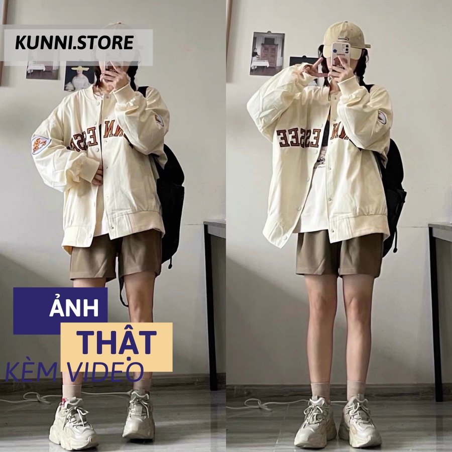 Áo bomber kaki 2 lớp/Áo khoác varsity jacket TENNE form rộng unisex, phong cách Hàn Quốc 2 màu be, đen KUNNI25