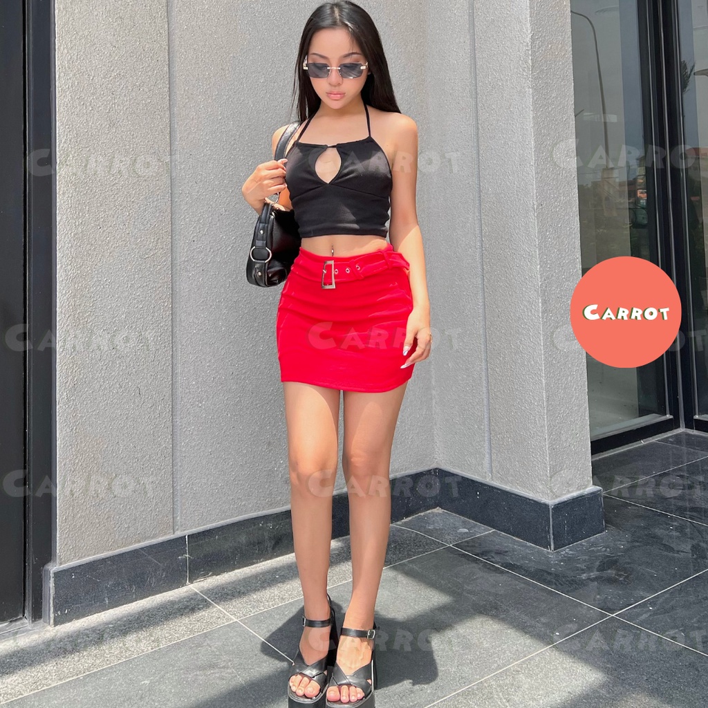 Áo croptop thiết kế khoét ngực 2 dây chân váy đỏ ôm body sexy chất vải cao cấp đi chơi đi du lịch carrotxinhdep