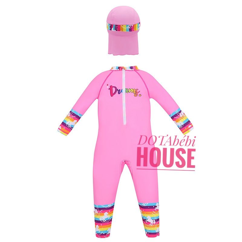 15-35kg Đồ bơi liền thân quần dài tay dài kỳ lân hồng size đại cho bé gái có nón che gáy-DOTAbébi HOUSE mã SW0306.9317