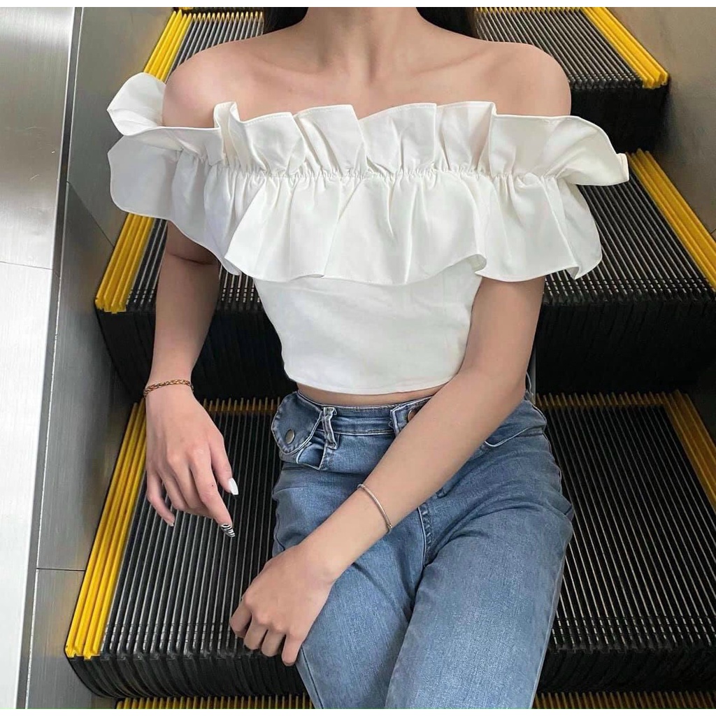 Áo trễ vai nữ ngắn tay, áo croptop trễ vai bèo NPAO027