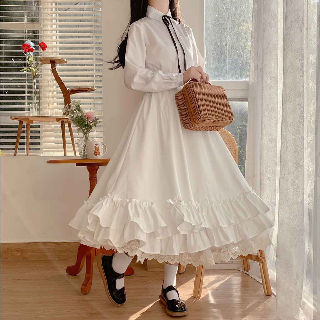 Chân váy dài lót ren trắng style Lolita Nhật Bản