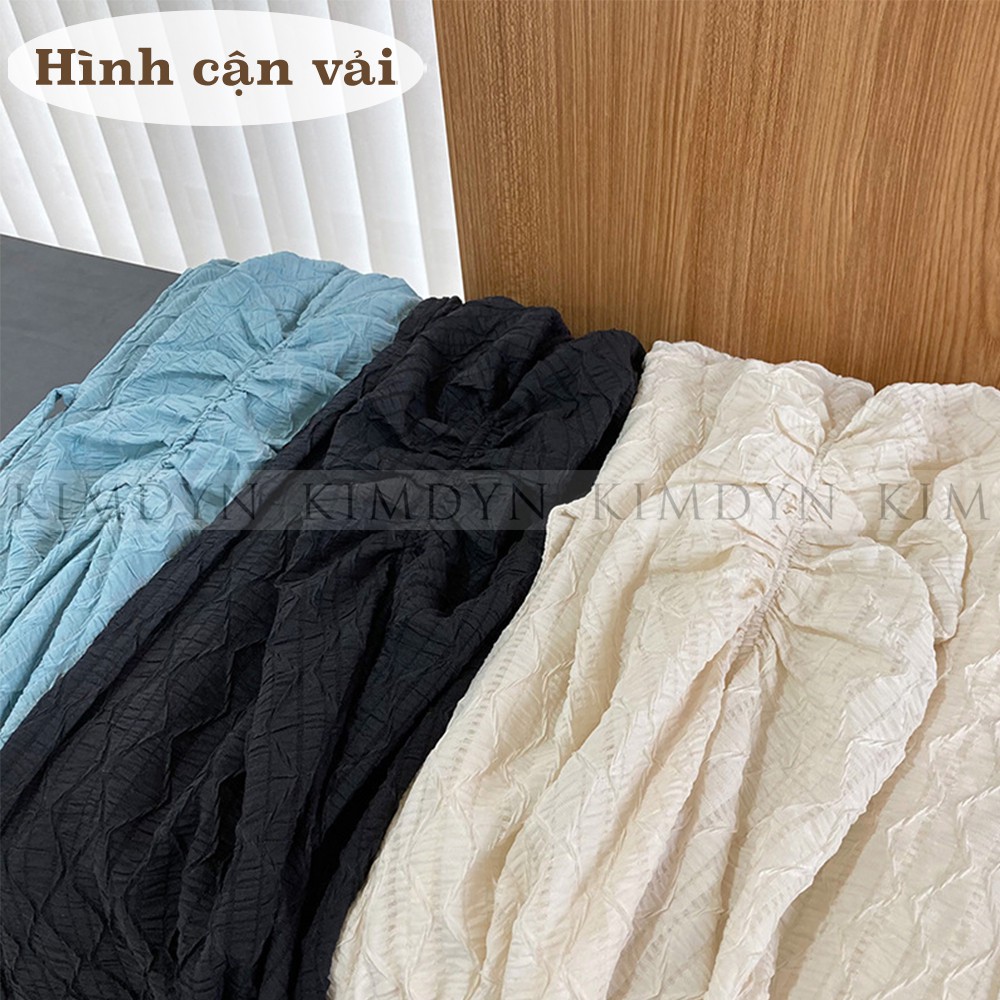 Đầm xòe midi tay phồng vải nhún mềm có lót KimDyn