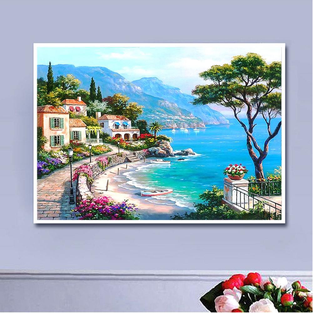 Bộ tranh đính đá 5D tự hoàn thành họa tiết phong cảnh biệt thự bên bờ biển tự nhiên | BigBuy360 - bigbuy360.vn