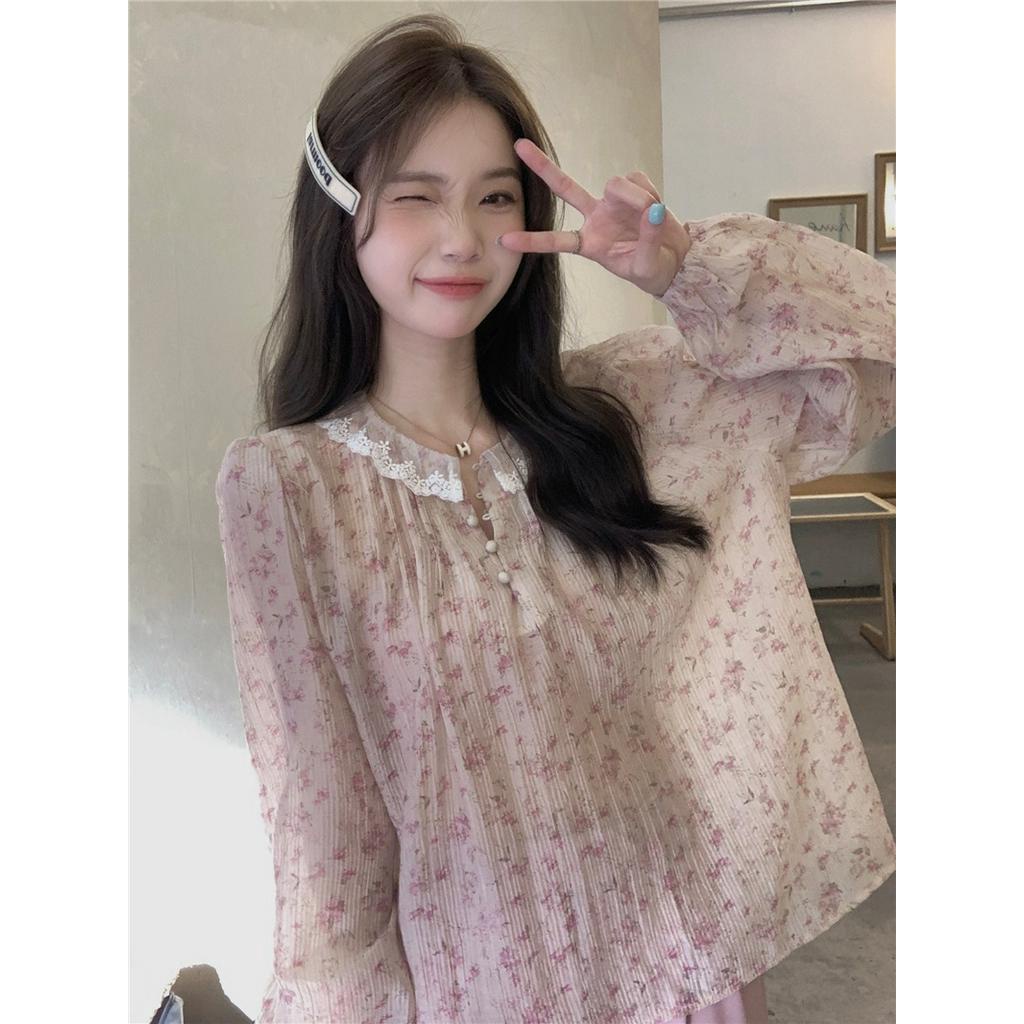 Áo Voan Hoa Dài Tay Phối Ren Xinh Xắn 63069