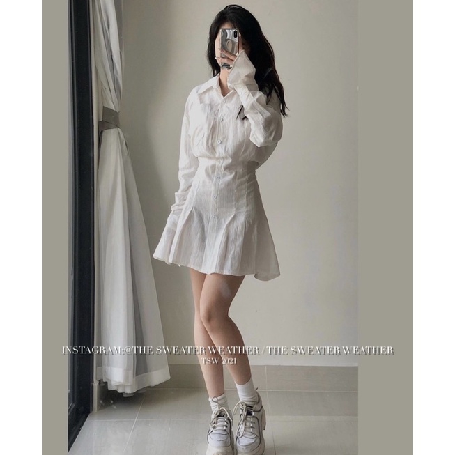 (Ảnh thật) Váy sơ mi thô mềm chiết eo tay xoè the.sweaterweather TSW