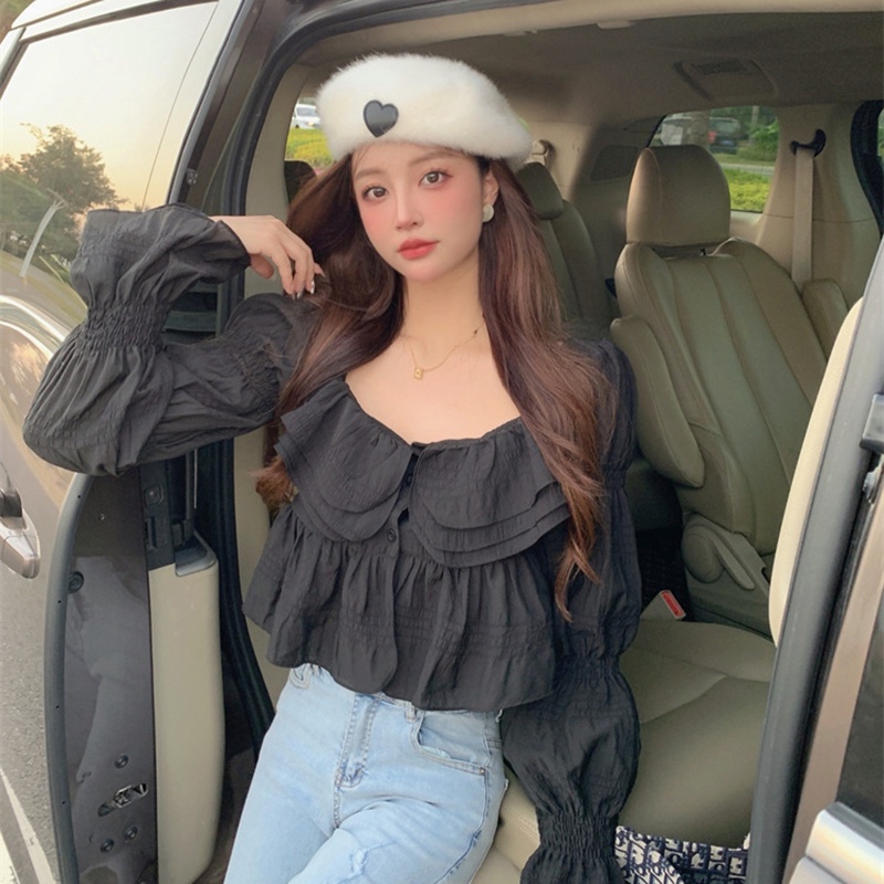 IELGY Korean style sweet V-neck ruffled long-sleeved shirt for women