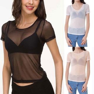 Phụ Nữ Dưới / Ra Mặc Xuyên Qua Lưới Trong Suốt Đứng Cổ Tay Ngắn Sheer Áo Liền Mạch Cánh Tay Shaper Top Lưới Áo Sơ Mi Áo Sơ Mi Nữ Áo Tee Plus Kích Thước