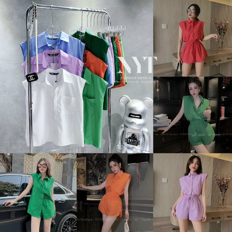Set áo sơ mi cách điệu cổ đức tay hến kèm quần đùi cạp chun chất phi lụa mẫu hè đơn giản sang chảnh thoáng mát