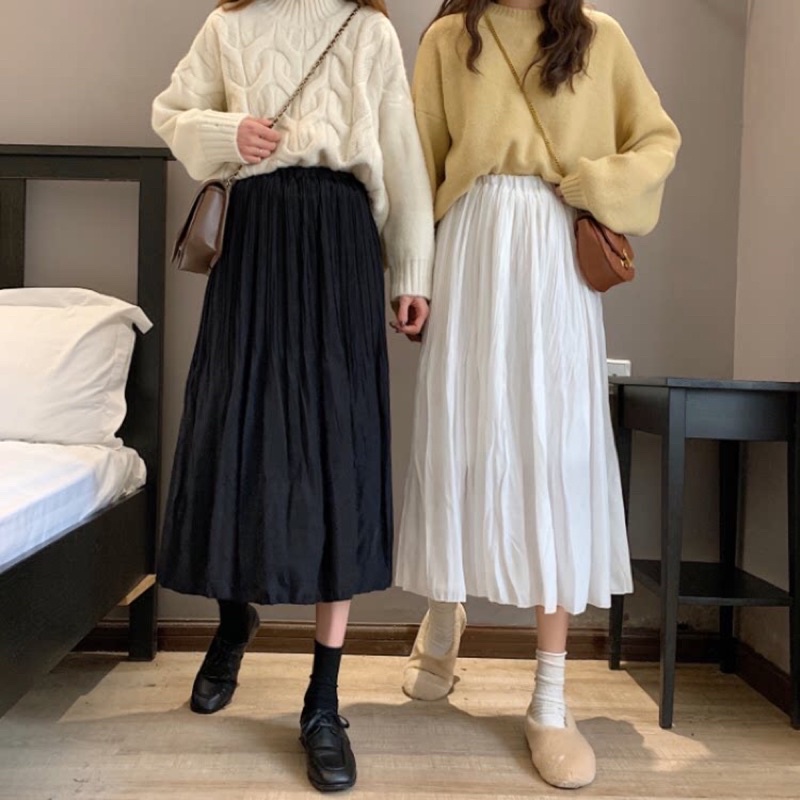 Chân váy voan trắng midi dáng dài xếp ly nhăn nhẹ nhàng vintage Hàn Quốc