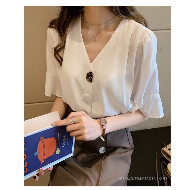 Áo Blouse Trắng Cổ Chữ V (M, L) - Quần Áo Nhập Khẩu Trung Quốc Của vone_310