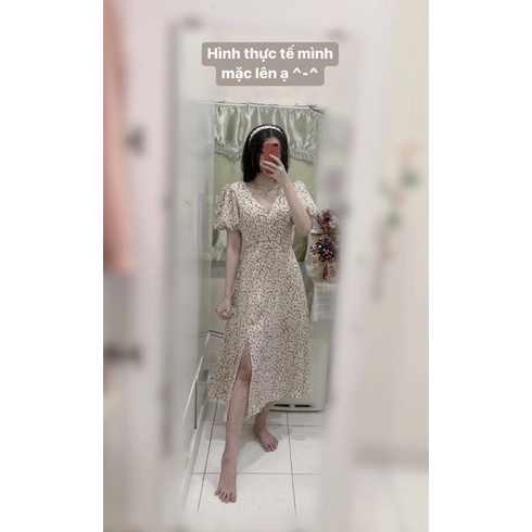 Đầm Lép vintage hoa nhí tay phồng xẻ đùi nữ tính