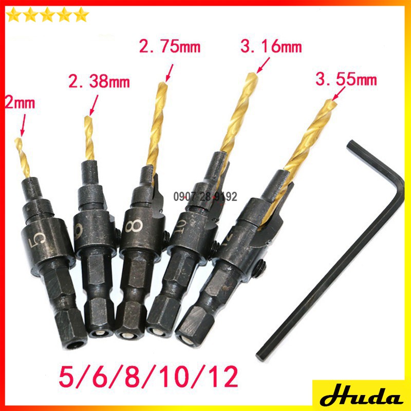 BỘ MŨI KHOAN ÂM VÍT - MŨI KHOAN ÂM GỖ 2 TẦNG CHUÔI LỤC  -  đồ làm mộc