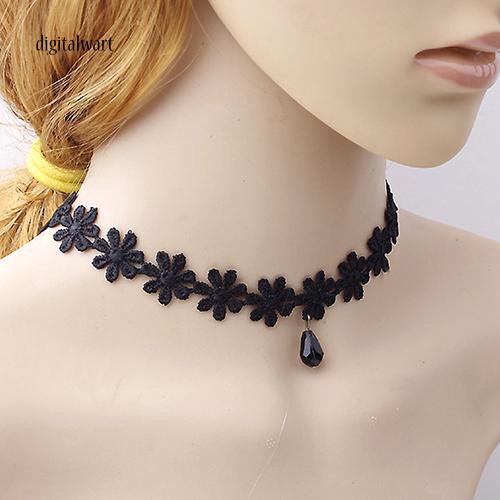 Vòng cổ choker thiết kế ren phối đá quý nhân tạo đen cá tính phong cách gothic dành cho nữ