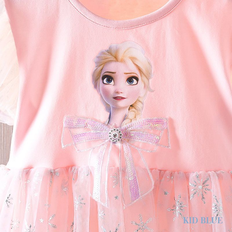 Váy Lưới Thắt Nơ In Hình Hoa Tuyết Elsa Cho Bé Gái