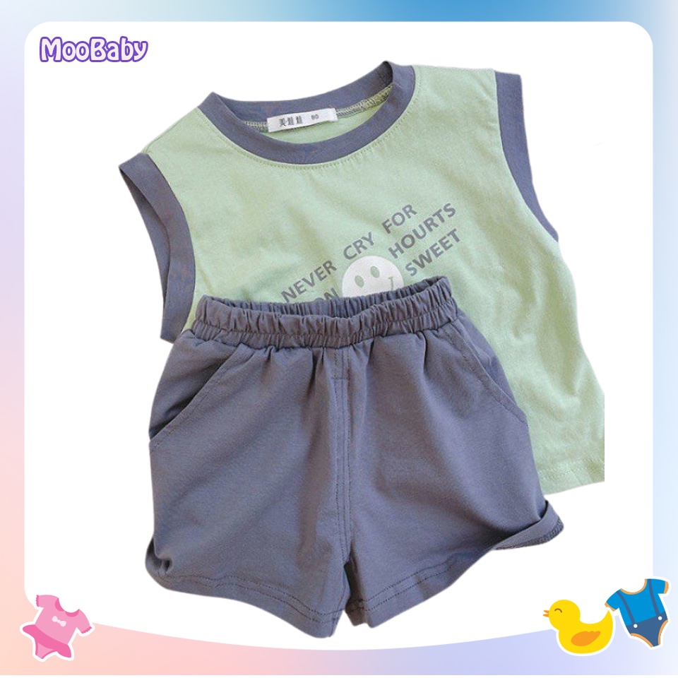 Bộ Ba Lỗ Sát Nách Bé Trai in chữ Never Cry, Đồ Bộ Hè Chất Cotton Cực Mát Cho Bé Từ 6-27kg - MOOBABY SHOP