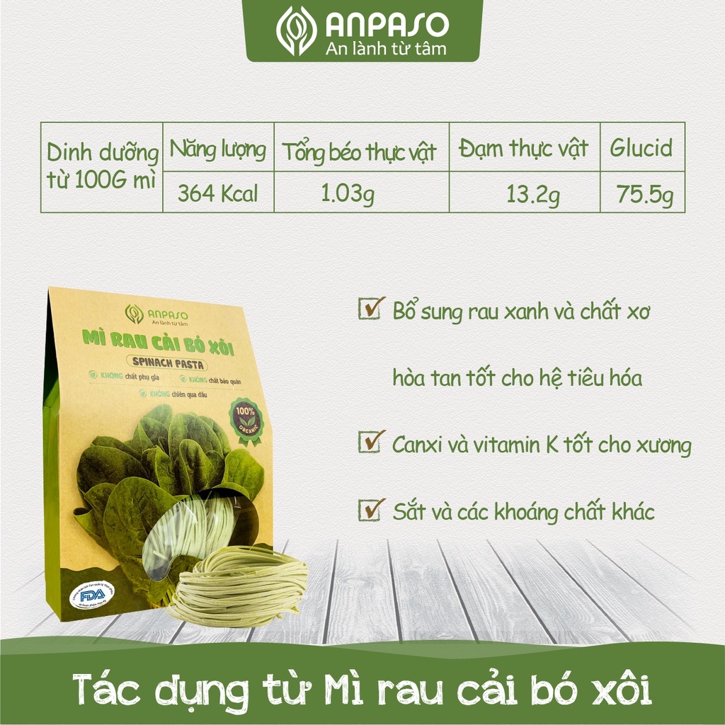 🥗 Mì Rau Củ Giảm Cân Organic Hữu Cơ Cải Bó Xôi 🥗 Anpaso, mỳ rau củ Eat clean, ăn chay, không chiên nóng 120gr &amp; 300g