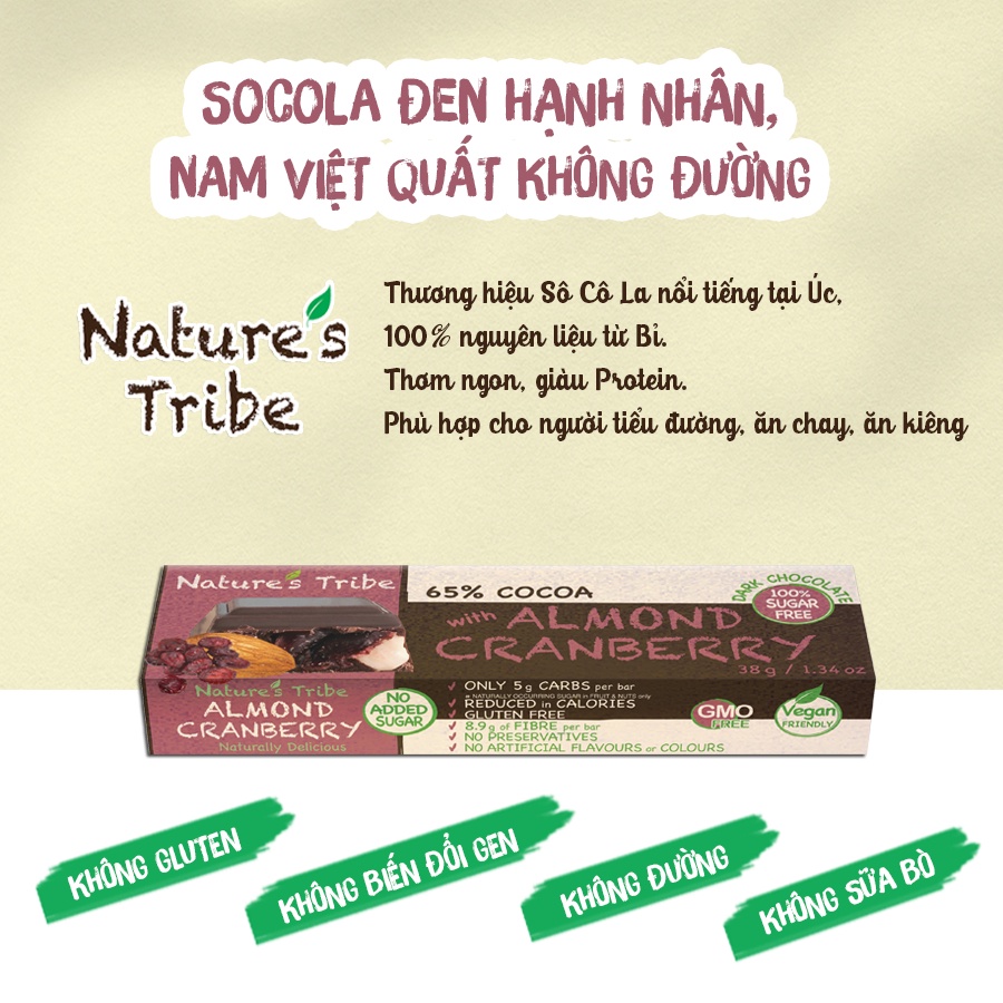 Socola Đen Hạnh Nhân &amp; Nam Việt Quất Không Đường Nhập Khẩu Úc, Gluten Free, Nature's Tribe  Sugar Free Vegan Dark Choc