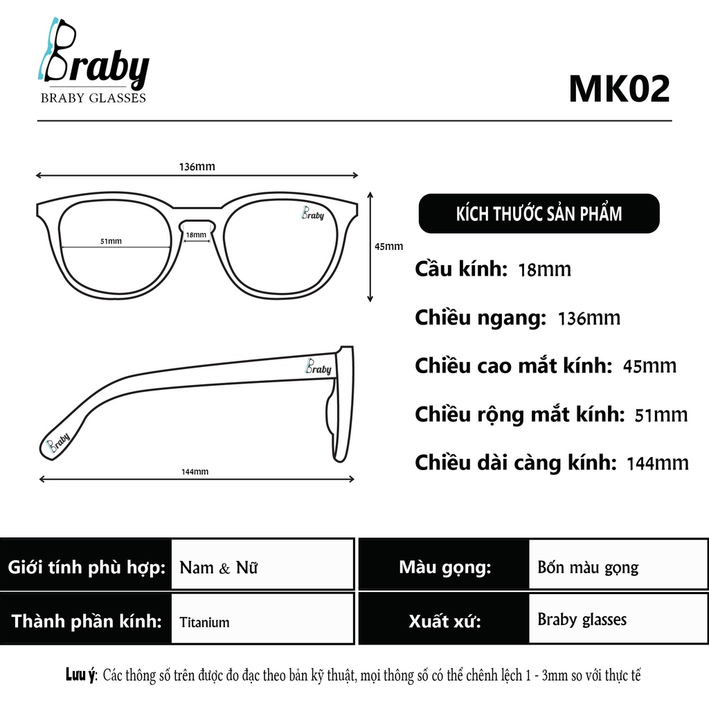 Gọng kính cận tròn nửa gọng thời trang nam nữ Braby Glasses chất liệu Thép chống gỉ thanh mảnh kiểu dáng đơn giản MK02