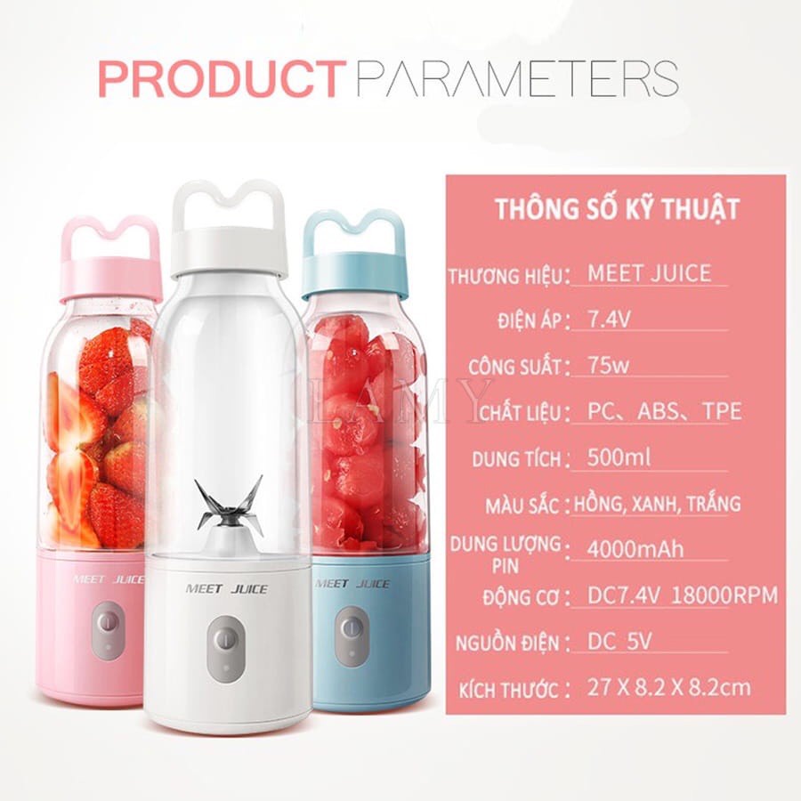 Máy Xay Sinh Tố Cầm Tay Mini Cắm Điện Meet Juice dung tích 500ml Máy Xay Sinh Tố Cối Thủy Tinh Đa Năng