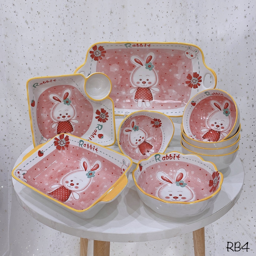 Tổng hợp bộ bát đĩa decor bộ thỏ hồng siêu xinh cho bé
