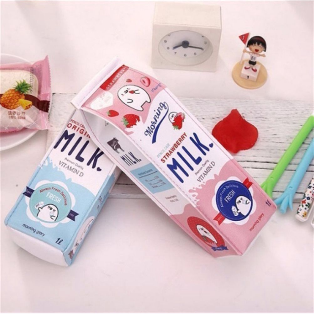 Túi Đựng Bút Bằng Da Pu Chống Thấm Nước In Hình Hộp Sữa Dễ Thương Sáng Tạo