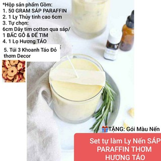 Set tự làm Ly Nến SÁP PARAFFIN THƠM HƯƠNG TÁO tự chọn Tim COTTON/BẤC GỖ