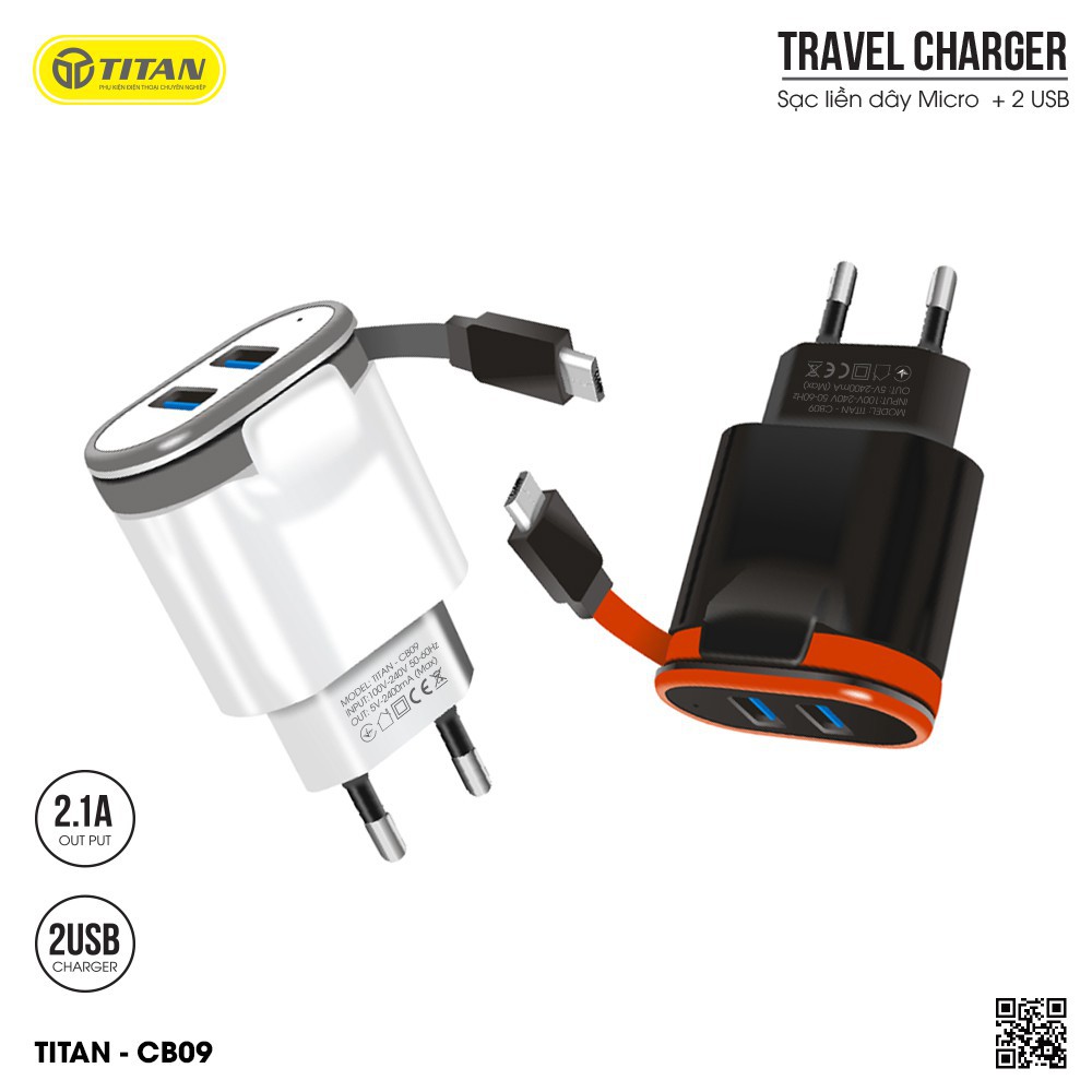 Củ sạc liền dây 2 cổng USB TITAN - CB09✔ Chính Hãng ✔ Siêu Bền