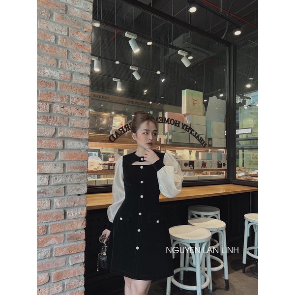 (Có BigSize) Đầm Váy Nhung Đen Phối Tay Trắng Kết Nút Ngọc Hở Cổ