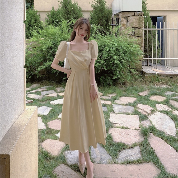 IELGY     Đầm Cổ Vuông Nhấn Eo Phong Cách Pháp Thời Trang Cho Nữ