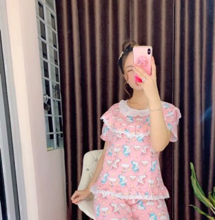 Bộ Thô Lụa Áo Cộc Quần Đùi Phối Ren Tiểu Thư