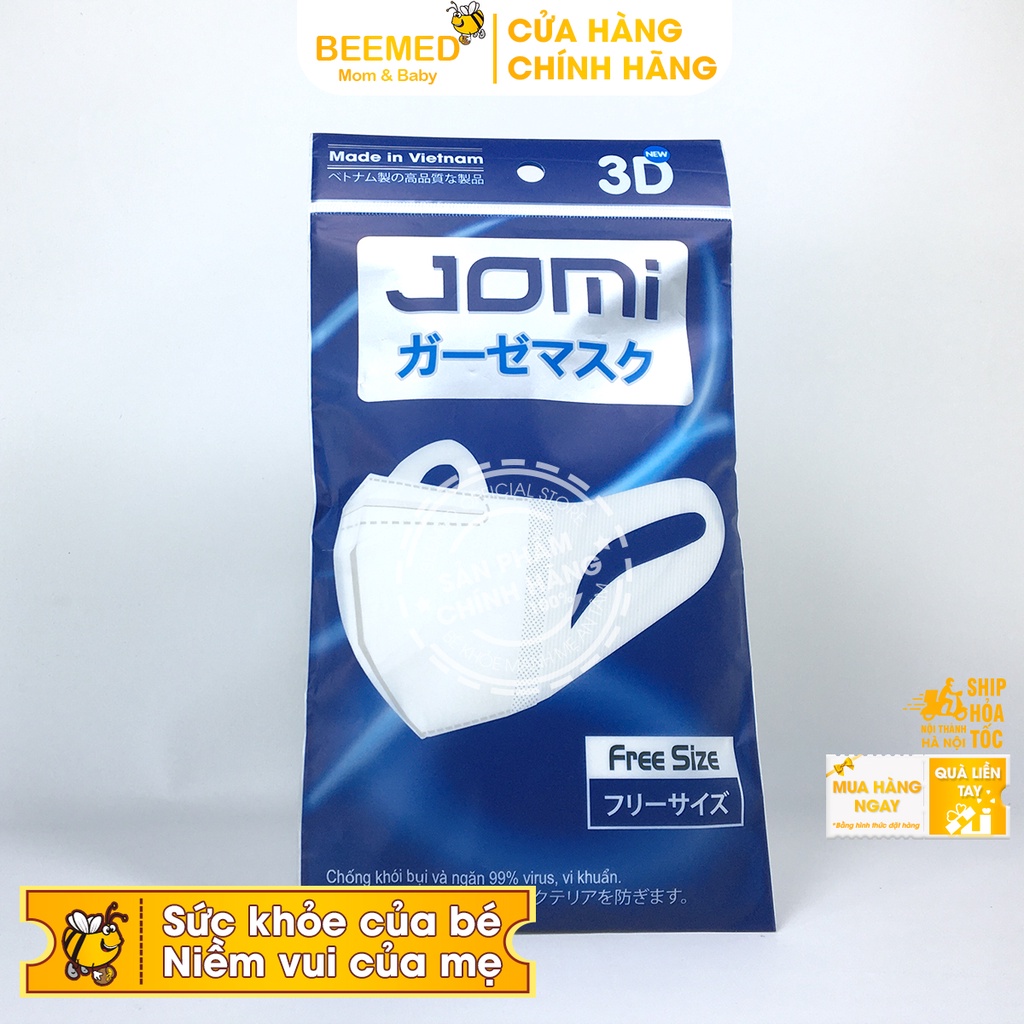 Khẩu trang 3D Jomi lọc khói bụi mịn với màng lọc Meltblown, kháng khuẩn, dây co giãn - túi 5 chiếc màu trắng