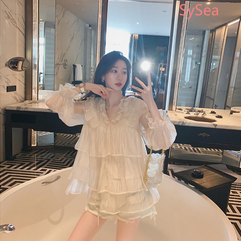 Áo Chiffon Tay Dài Dáng Rộng Xếp Tầng Phong Cách Hàn Quốc Thời Trang Cho Nữ
