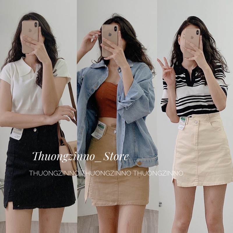 [Ảnh thật/Video ]Chân váy chữ A cạp chéo gắn tag da FROM loại 1 Chân váy  chất kaki hai da hàng Quảng Châu
